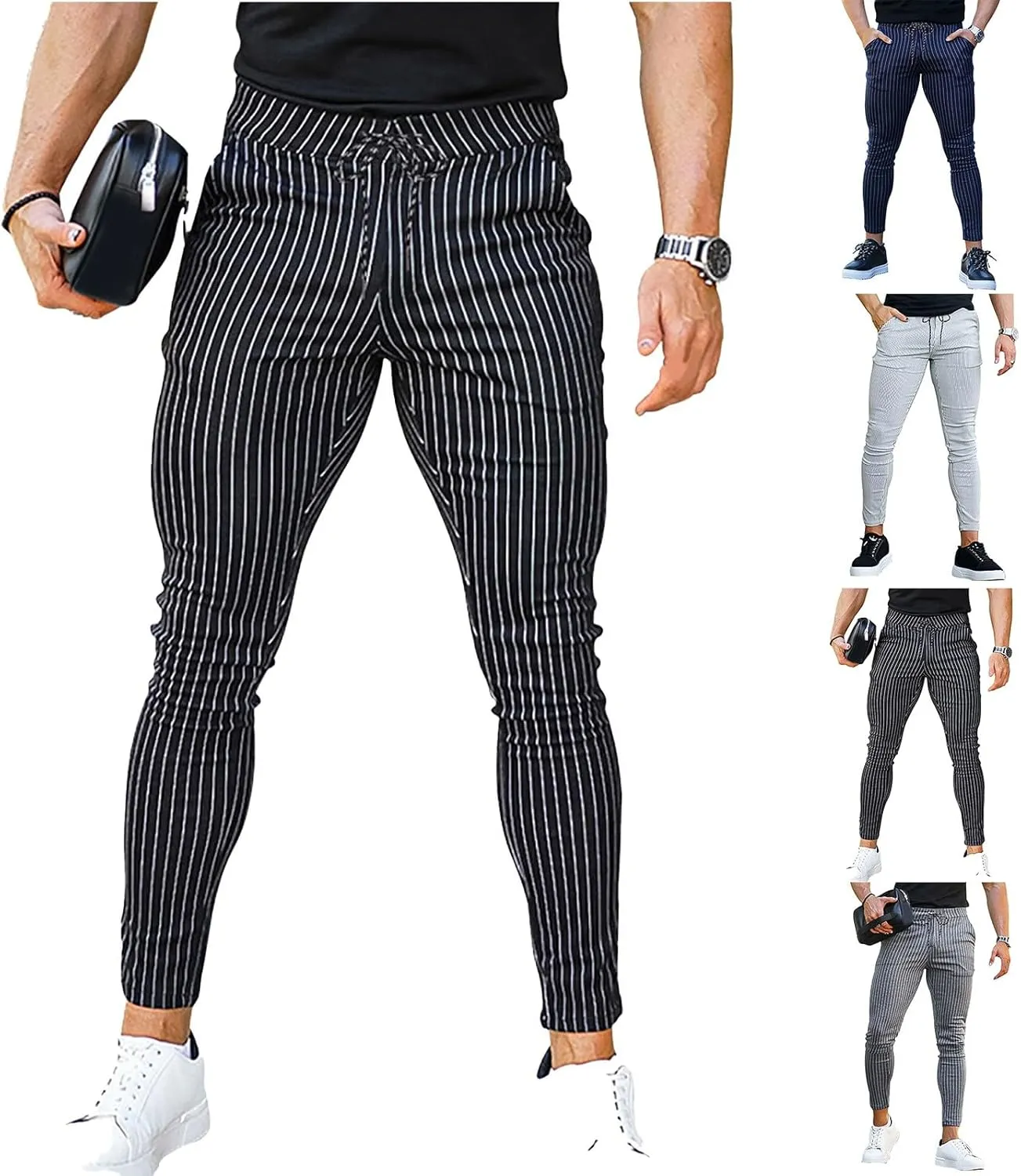Stretch Slacks for Men Business Casual Slim Striped Drawstring Lightweight Work Pants Straight Barrel Leggings Pant