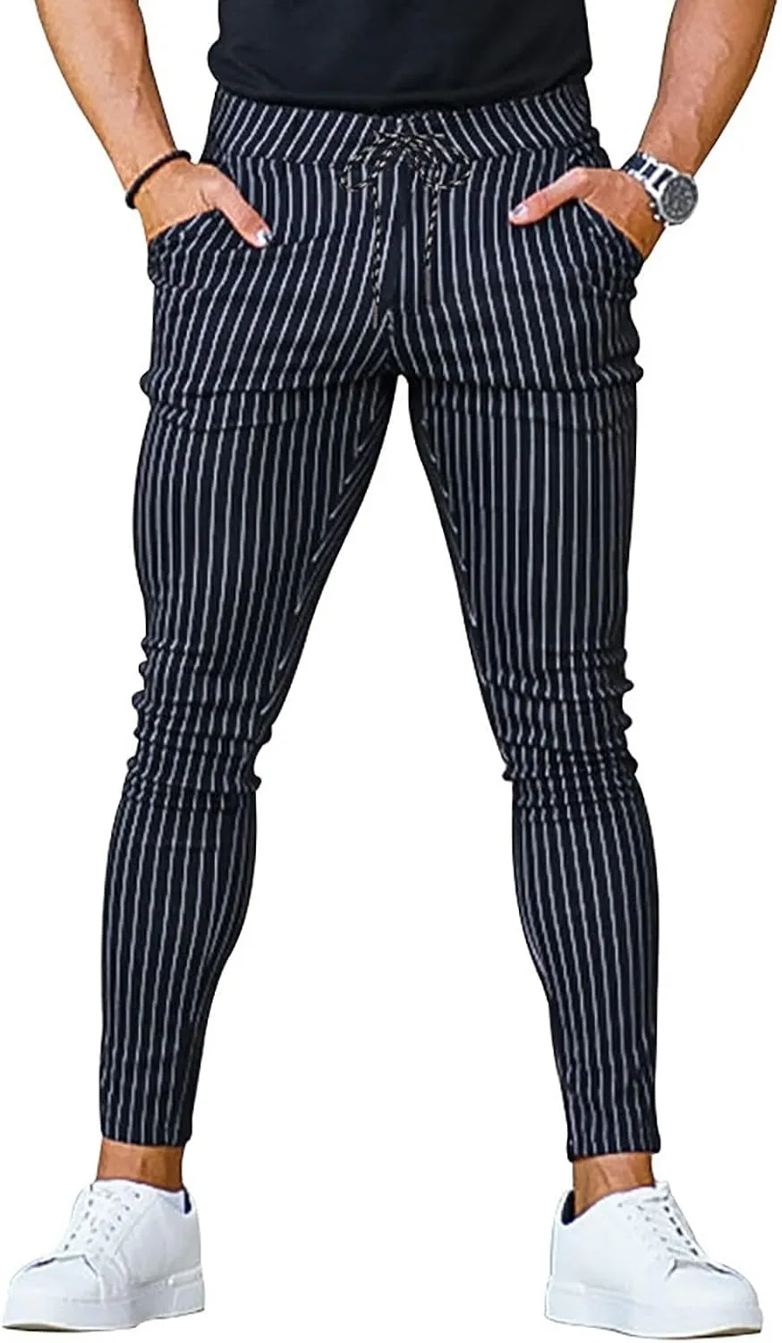 Stretch Slacks for Men Business Casual Slim Striped Drawstring Lightweight Work Pants Straight Barrel Leggings Pant