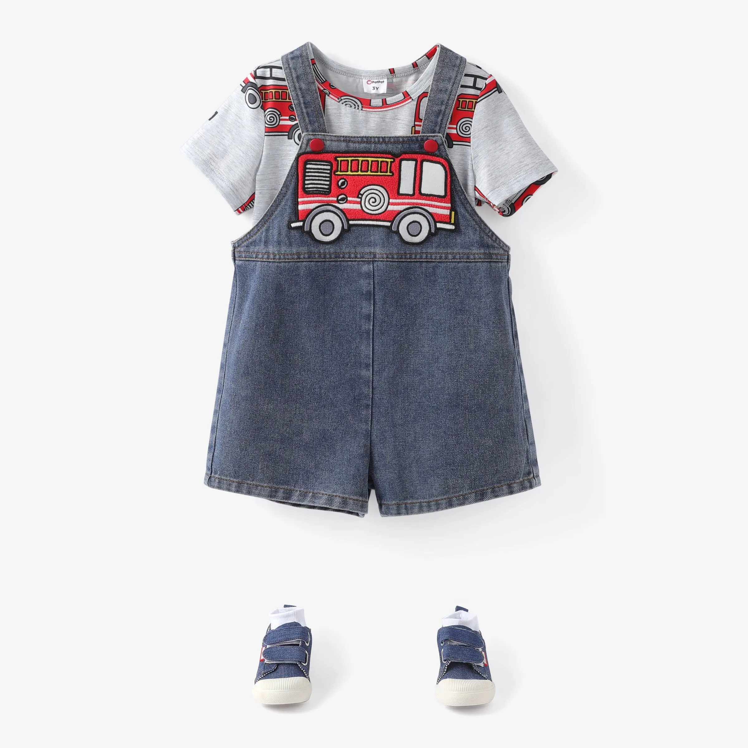 Toddler Boys 2pcs Vehicle Print Tee and Vehicle Embroiderey Denim Overalls Set