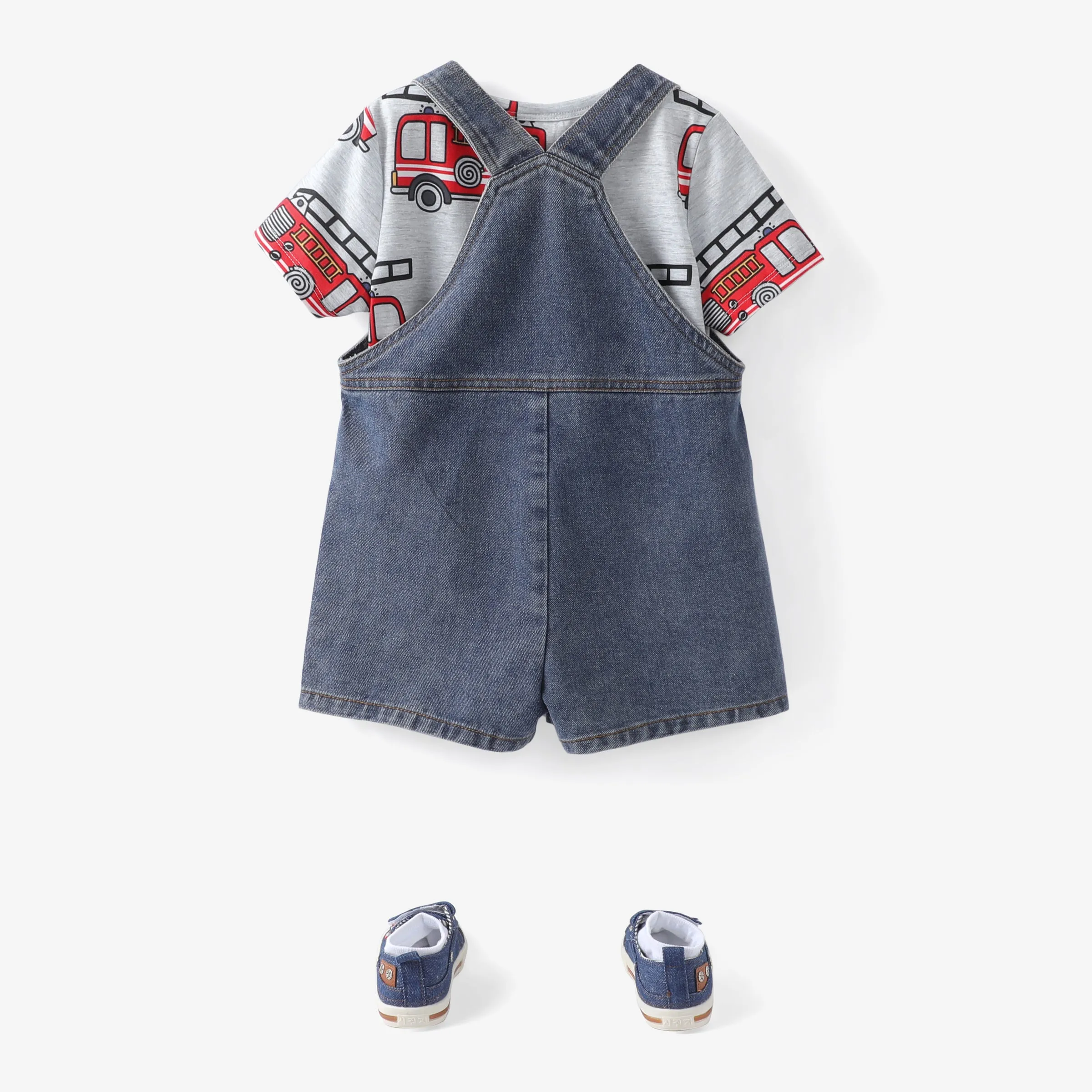 Toddler Boys 2pcs Vehicle Print Tee and Vehicle Embroiderey Denim Overalls Set