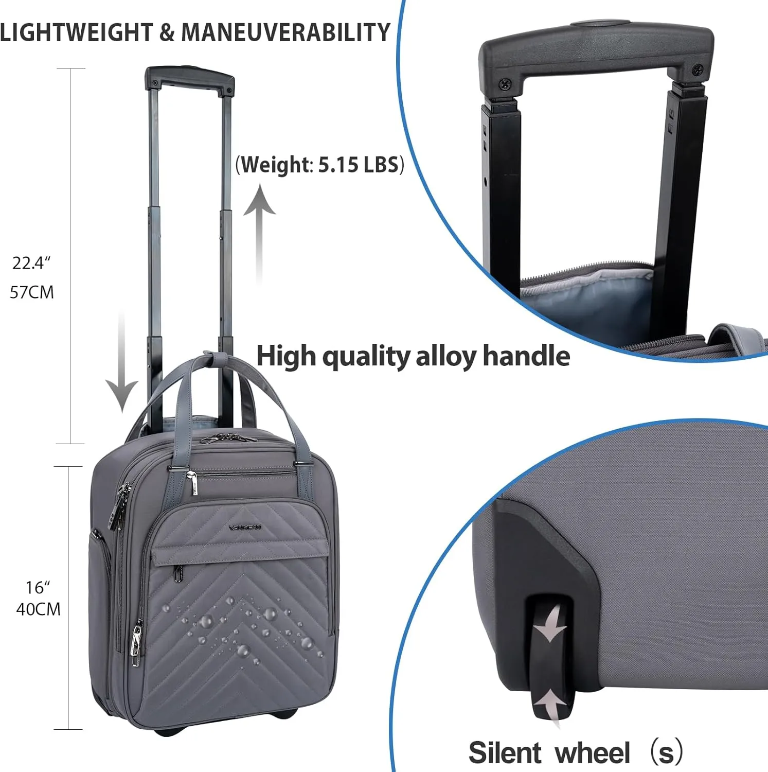 VANKEAN Carry On Underseat 16-inch Multi-functional Underseater Lightweight Overnight Suitcase with Wheels, Roller Case for Men Women Travel Business, Dark Grey