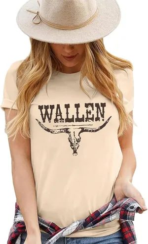 Western Cowboy Graphic Tees for Women Vintage Cow Skull Short Sleeve T Shirt Country Music Cowgirs Tops