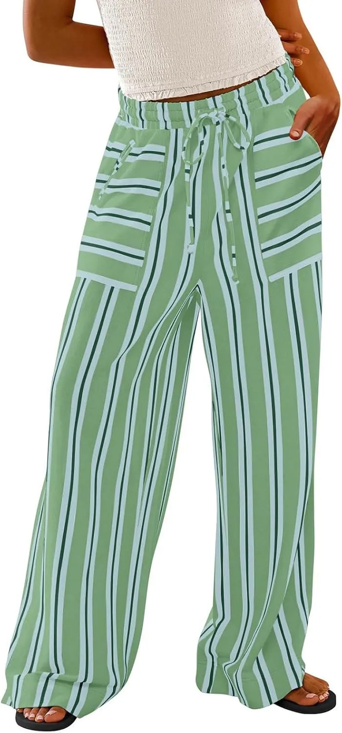 Women Drawstring Stripe Wide Leg Trousers Low Rise Casual Loose Lounge Pants with Pockets, Large, 02-blue