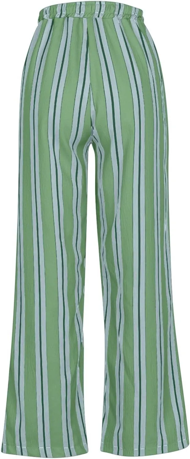 Women Drawstring Stripe Wide Leg Trousers Low Rise Casual Loose Lounge Pants with Pockets, Large, 02-blue