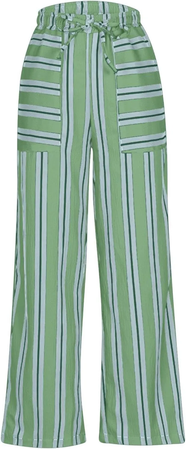 Women Drawstring Stripe Wide Leg Trousers Low Rise Casual Loose Lounge Pants with Pockets, Large, 02-blue