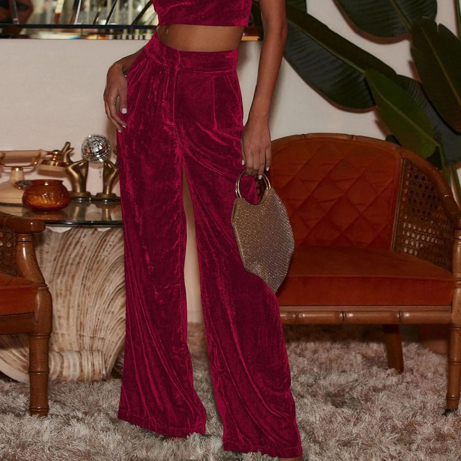 Women Golden Velvet Wide Leg Pants Casual Solid Color Loose Pants High Waist Trousers