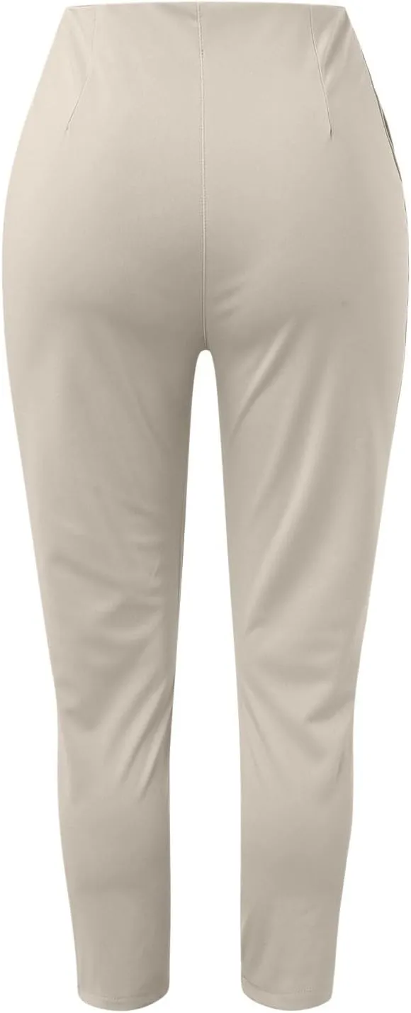 Women High Waist Cropped Work Pants Solid Zipper Trouser Pant Casual Baggy Elastic Waist Trouser Wide Leg Pant