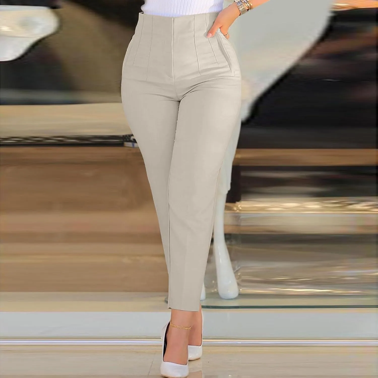 Women High Waist Cropped Work Pants Solid Zipper Trouser Pant Casual Baggy Elastic Waist Trouser Wide Leg Pant