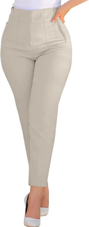 Women High Waist Cropped Work Pants Solid Zipper Trouser Pant Casual Baggy Elastic Waist Trouser Wide Leg Pant