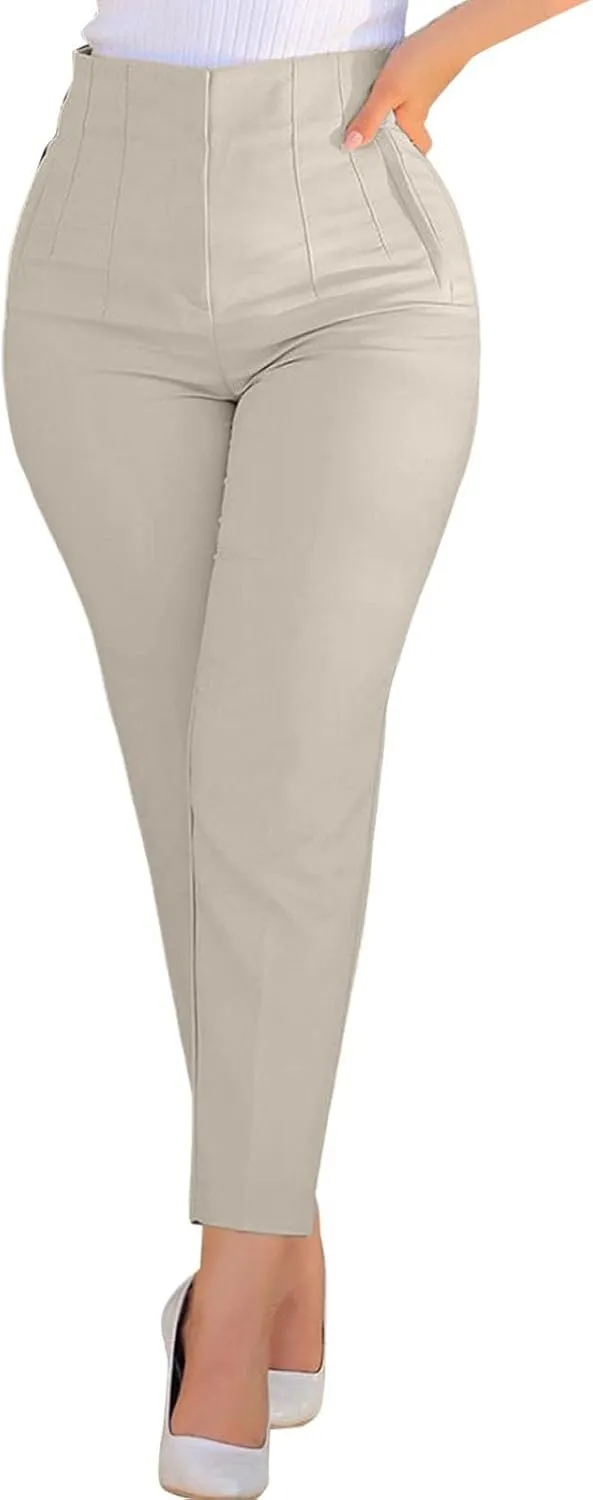 Women High Waist Cropped Work Pants Solid Zipper Trouser Pant Casual Baggy Elastic Waist Trouser Wide Leg Pant