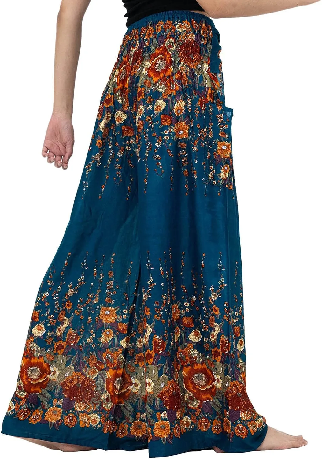 Women Vintage Boho Pants Floral Print Harem Yoga Trousers Fold Over High Waist Wide Leg Casual Pants with Pockets (Blue, L)
