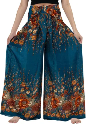 Women Vintage Boho Pants Floral Print Harem Yoga Trousers Fold Over High Waist Wide Leg Casual Pants with Pockets (Blue, L)