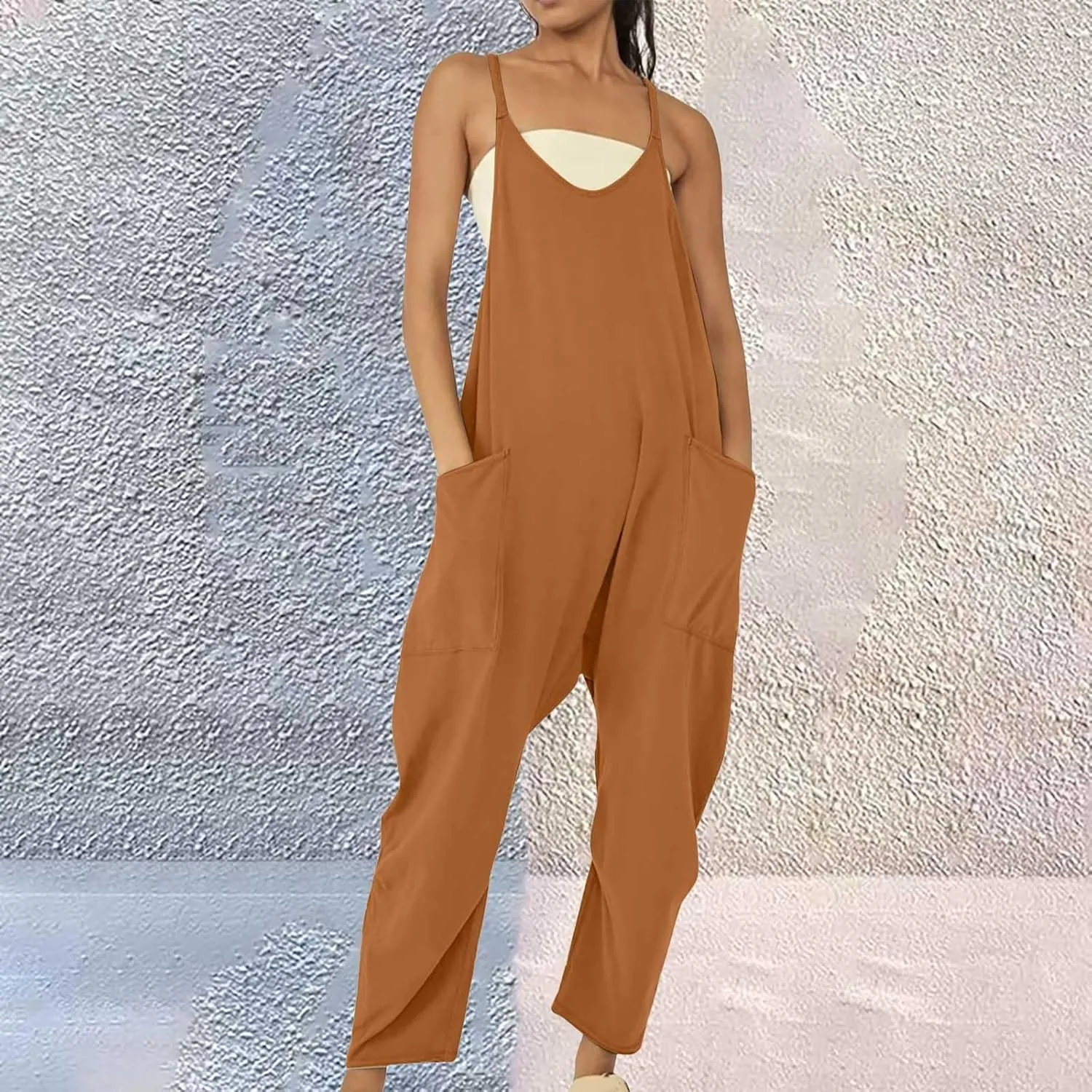 Women's Casual Loose Fit Jumpsuit Pocket Overalls for Daily Wear Adjustable Belt Outfits for Commuting Trending Style