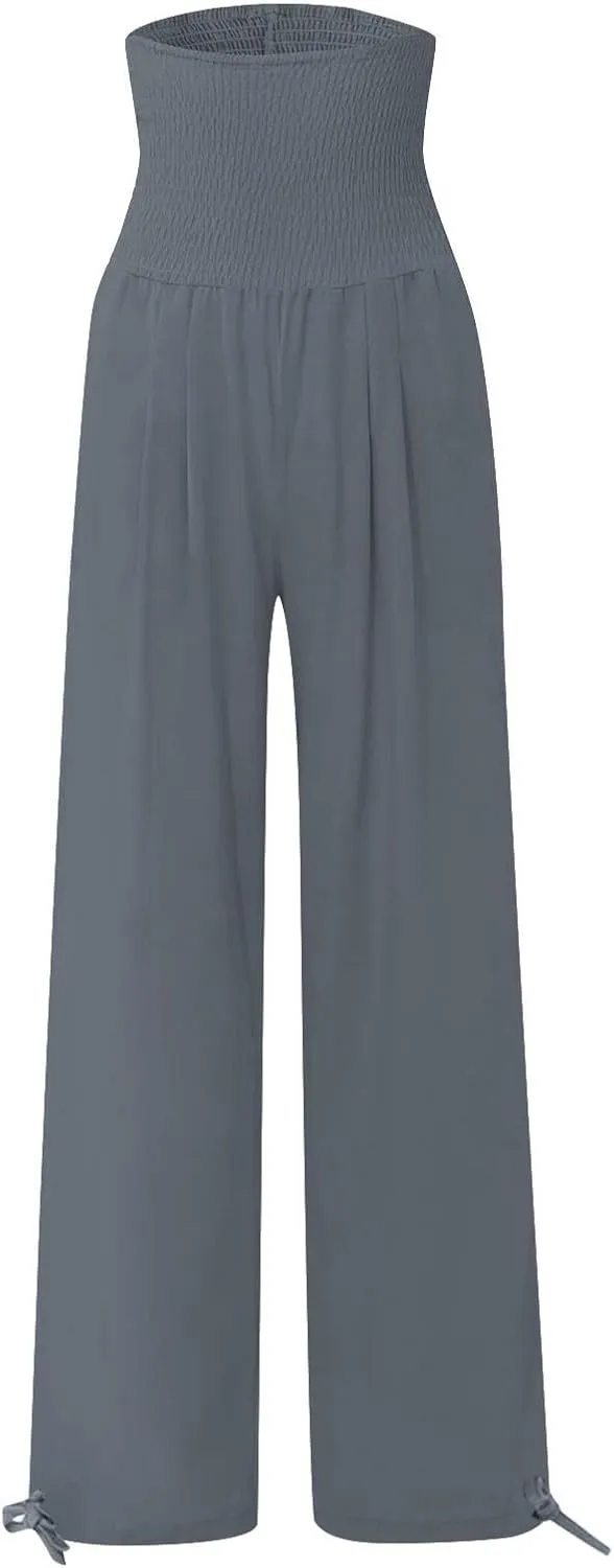 Women's Cotton Linen Summer Palazzo Pants Flowy Wide Leg Beach Trousers Smocked High Waisted Slacks with Pockets