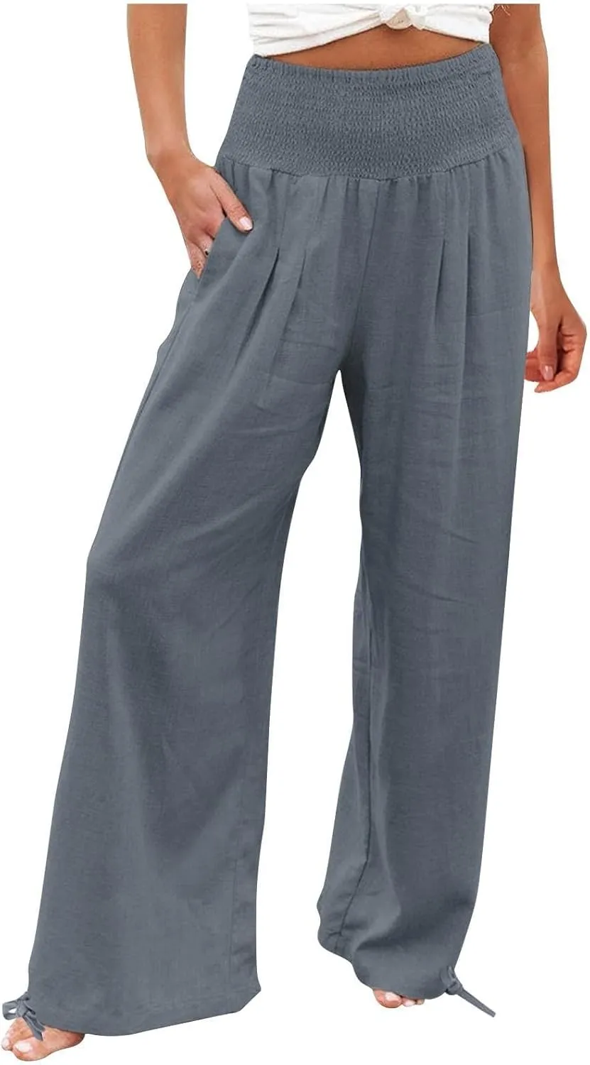 Women's Cotton Linen Summer Palazzo Pants Flowy Wide Leg Beach Trousers Smocked High Waisted Slacks with Pockets