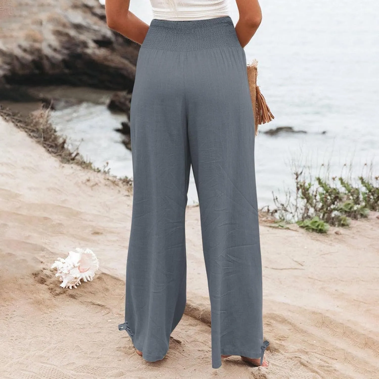 Women's Cotton Linen Summer Palazzo Pants Flowy Wide Leg Beach Trousers Smocked High Waisted Slacks with Pockets