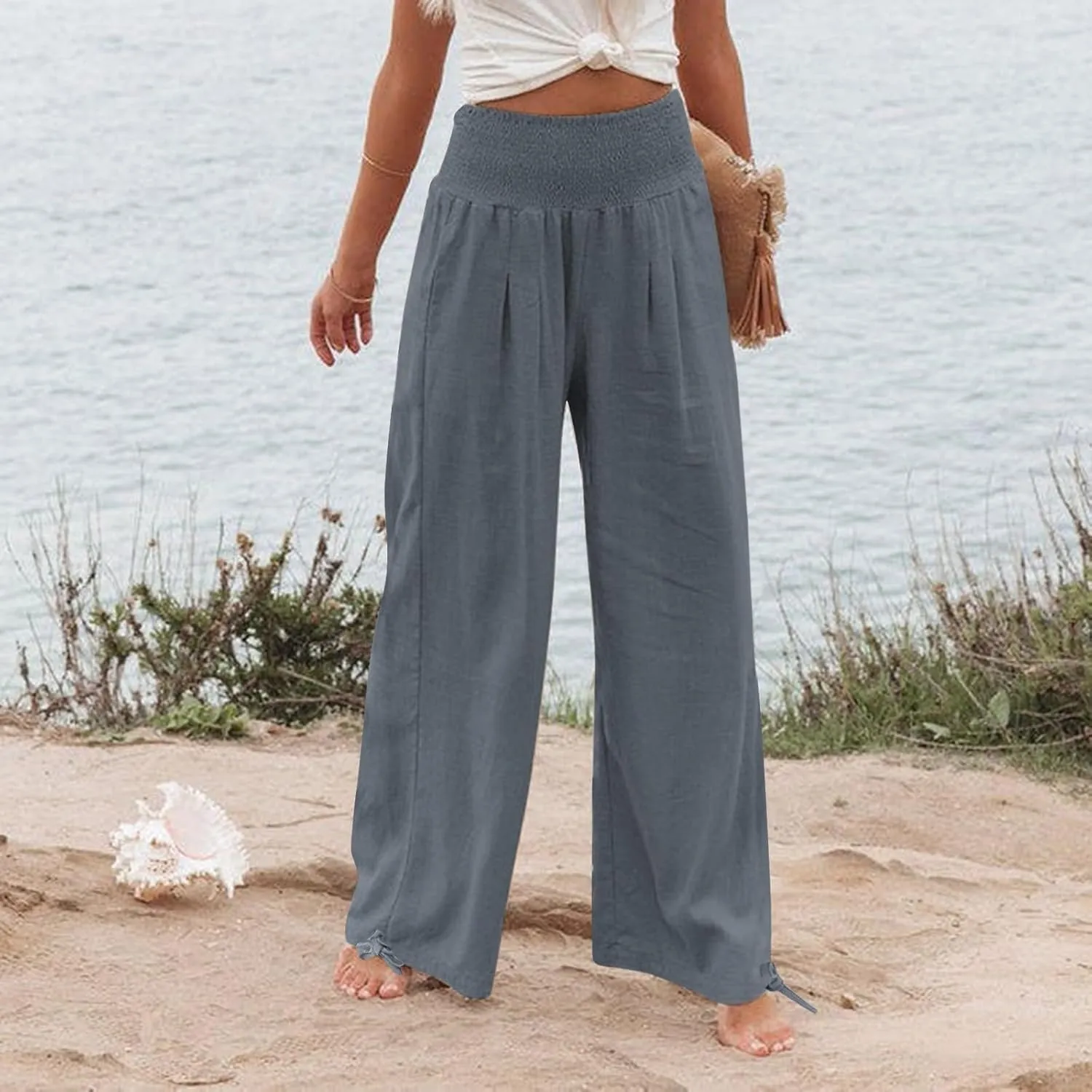 Women's Cotton Linen Summer Palazzo Pants Flowy Wide Leg Beach Trousers Smocked High Waisted Slacks with Pockets
