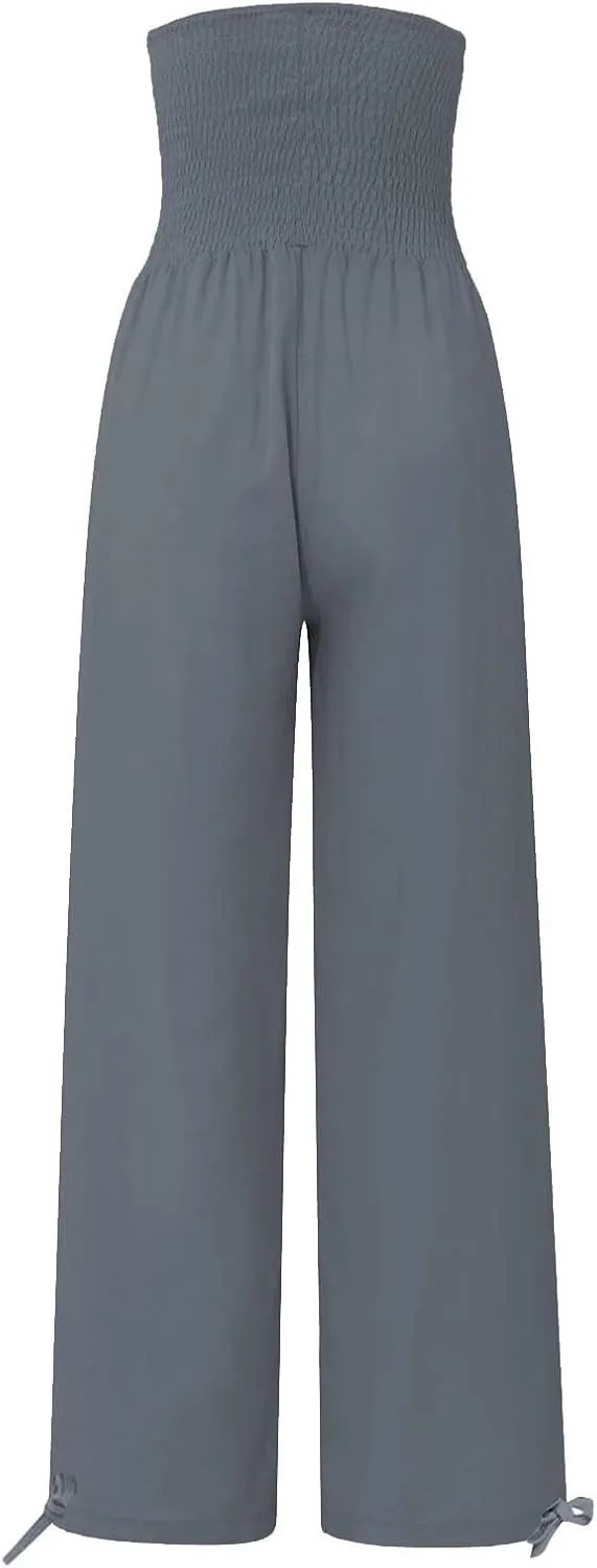 Women's Cotton Linen Summer Palazzo Pants Flowy Wide Leg Beach Trousers Smocked High Waisted Slacks with Pockets
