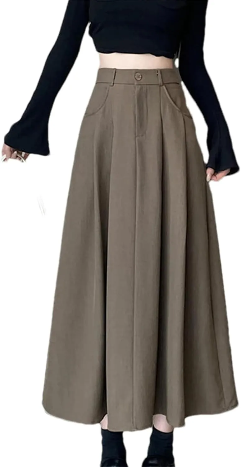 Women's High Waist Draped Pleated Skirt - Solid Color Pockets A-Line Maxi Length for Office Casual Wear