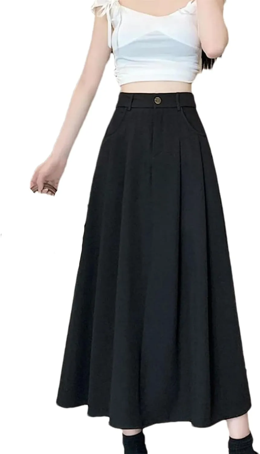 Women's High Waist Draped Pleated Skirt - Solid Color Pockets A-Line Maxi Length for Office Casual Wear