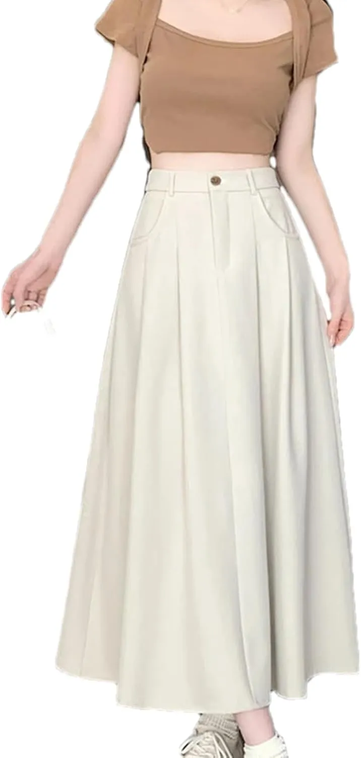 Women's High Waist Draped Pleated Skirt - Solid Color Pockets A-Line Maxi Length for Office Casual Wear