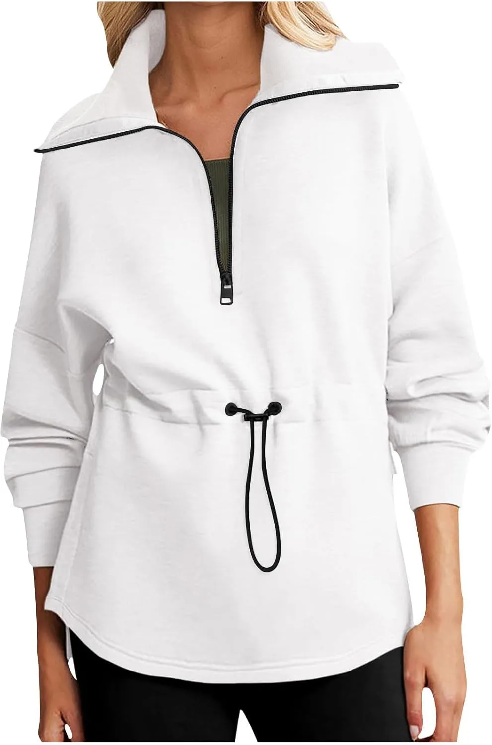 Womens Long Sleeve Tops Half Zip Drawstring Waist Oversized Sweatshirts Fleece Pullover Fashion Outfits 2024