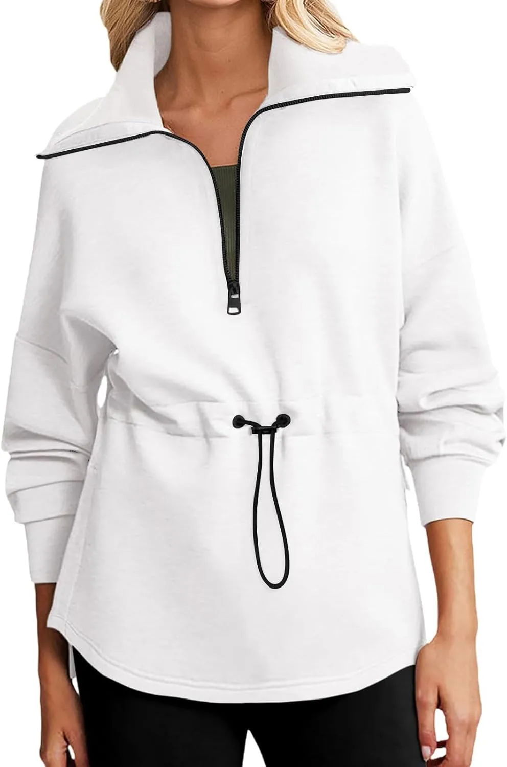 Womens Long Sleeve Tops Half Zip Drawstring Waist Oversized Sweatshirts Fleece Pullover Fashion Outfits 2024