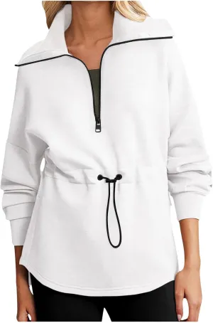 Womens Long Sleeve Tops Half Zip Drawstring Waist Oversized Sweatshirts Fleece Pullover Fashion Outfits 2024