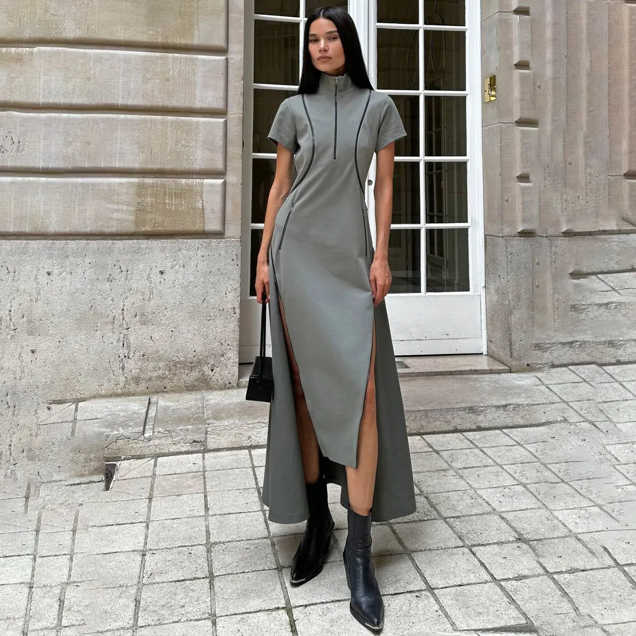Womens Maxi Dress  Slim Fit  Half Zip Front  High Slit  Short Sleeve  Jersey Feel