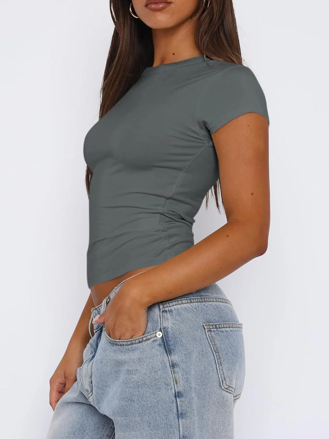 Women's Short Sleeve Tight T Shirts Crew Neck Slim Fit Summer Basic Tee Going Out Y2k Crop Tops 2025