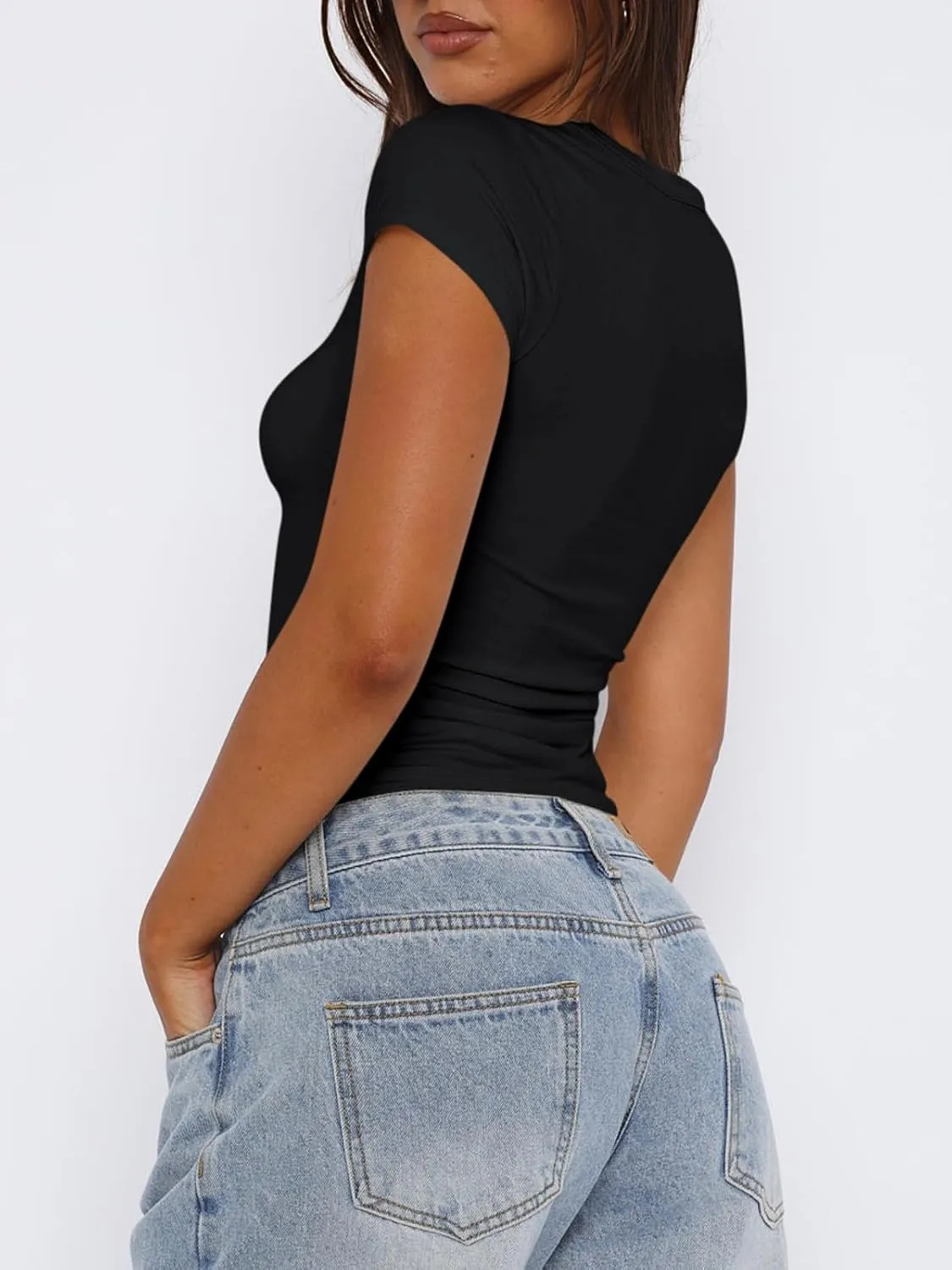 Women's Short Sleeve Tight T Shirts Crew Neck Slim Fit Summer Basic Tee Going Out Y2k Crop Tops 2025
