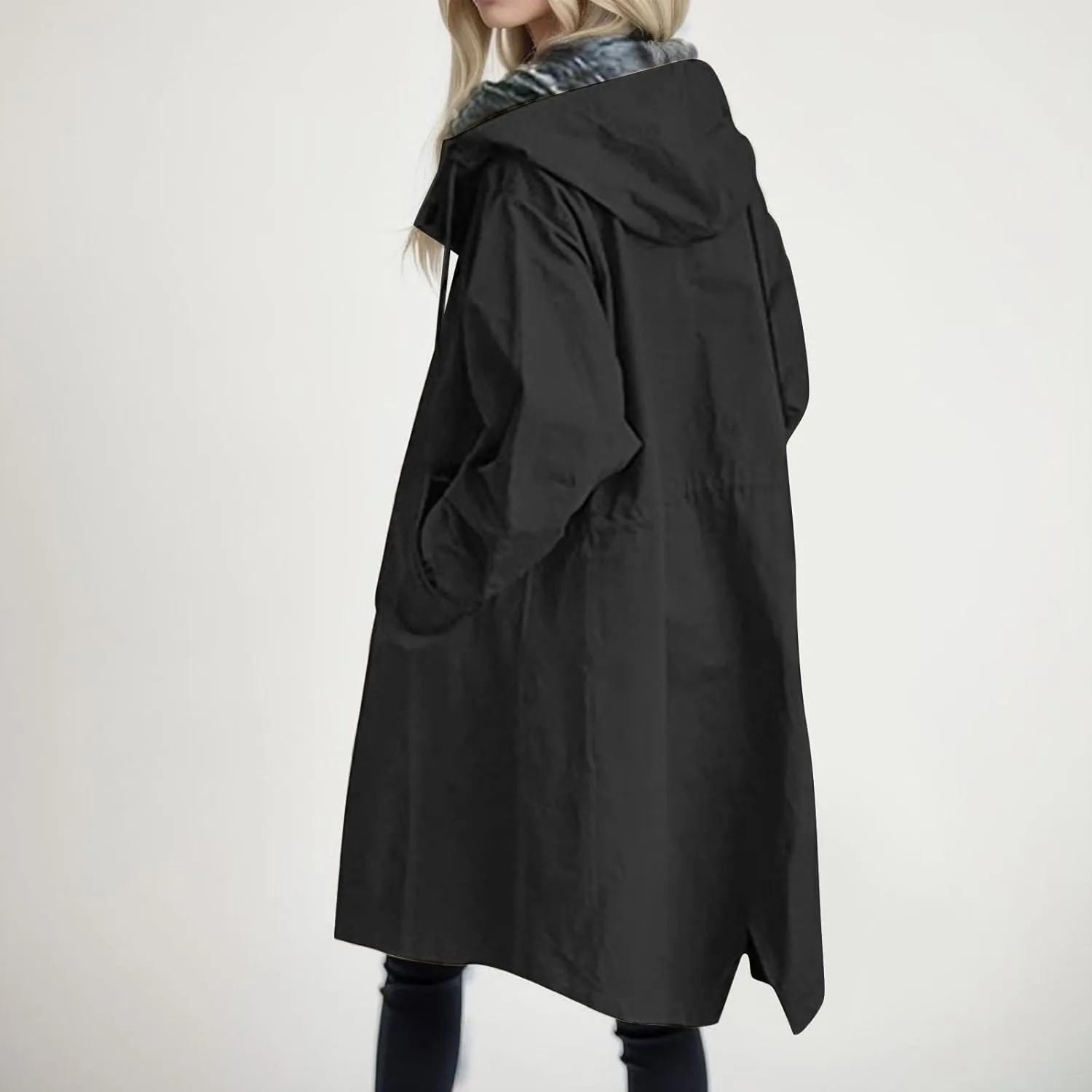 Womens Trench Coat Lightweight Raincoat Waterproof Long Hooded Trench Coat Lined Plus Size Windbreaker Elegant Jacket