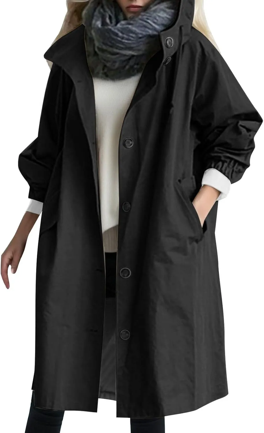 Womens Trench Coat Lightweight Raincoat Waterproof Long Hooded Trench Coat Lined Plus Size Windbreaker Elegant Jacket