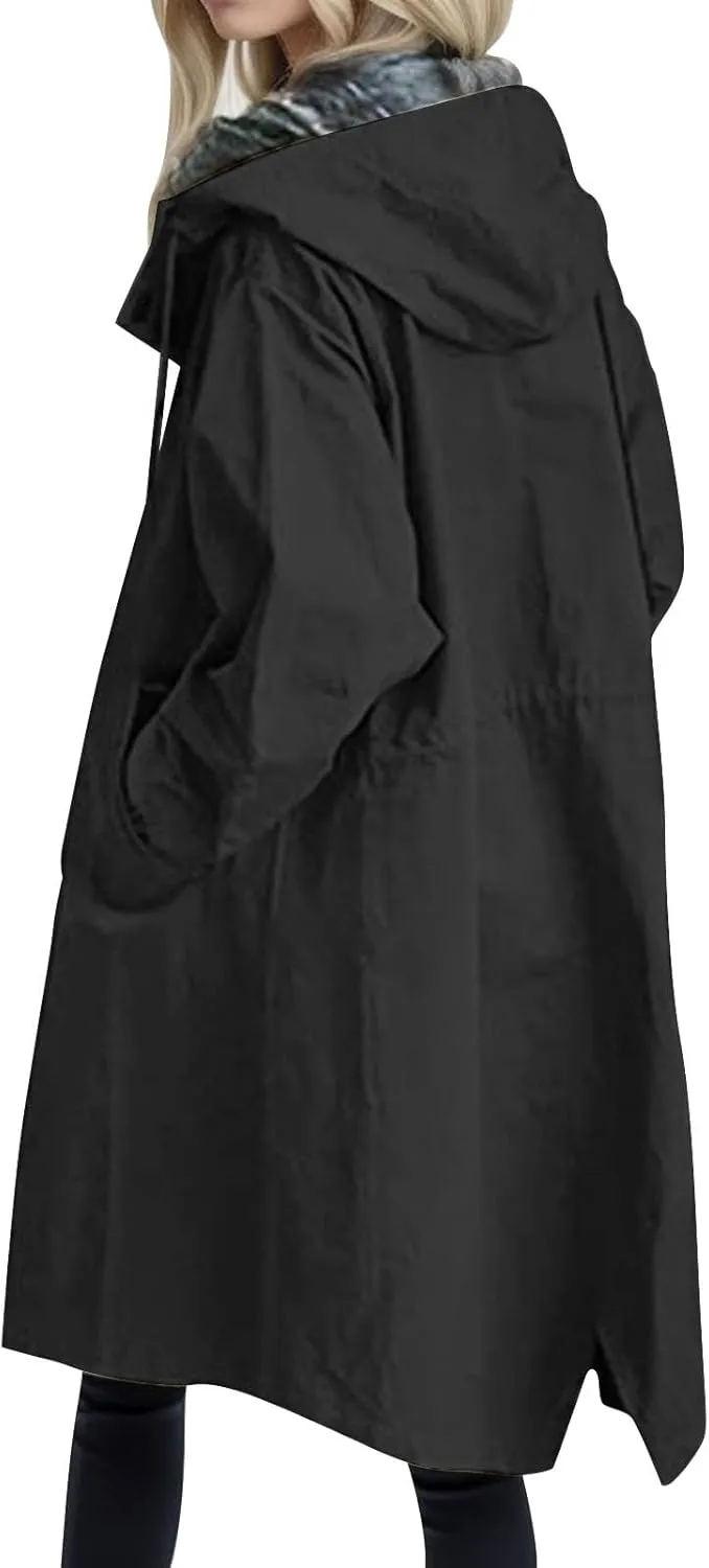 Womens Trench Coat Lightweight Raincoat Waterproof Long Hooded Trench Coat Lined Plus Size Windbreaker Elegant Jacket