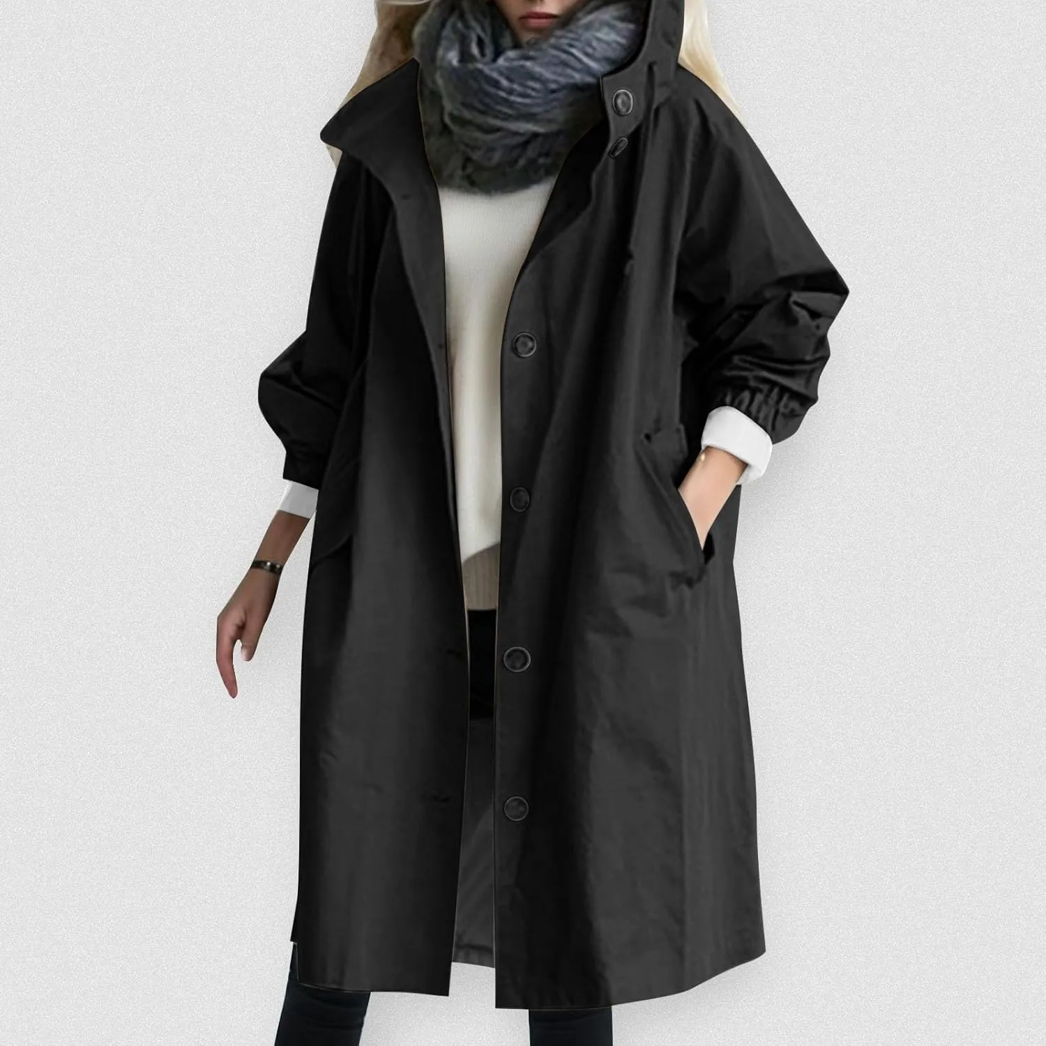 Womens Trench Coat Lightweight Raincoat Waterproof Long Hooded Trench Coat Lined Plus Size Windbreaker Elegant Jacket