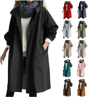Womens Trench Coat Lightweight Raincoat Waterproof Long Hooded Trench Coat Lined Plus Size Windbreaker Elegant Jacket