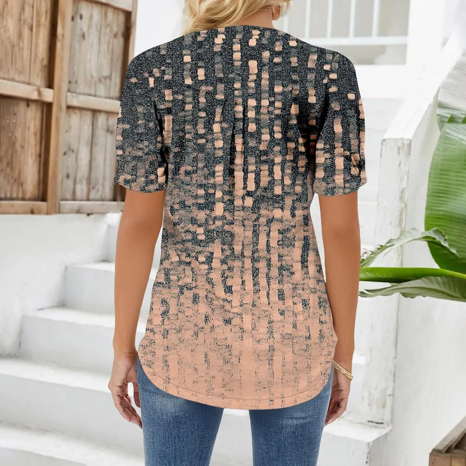 Womens V-Neck Short Sleeve Blouse Lightweight Fabric Slimming Fit Casual Soft Cotton Blend Comfort Stylish Relaxed Top