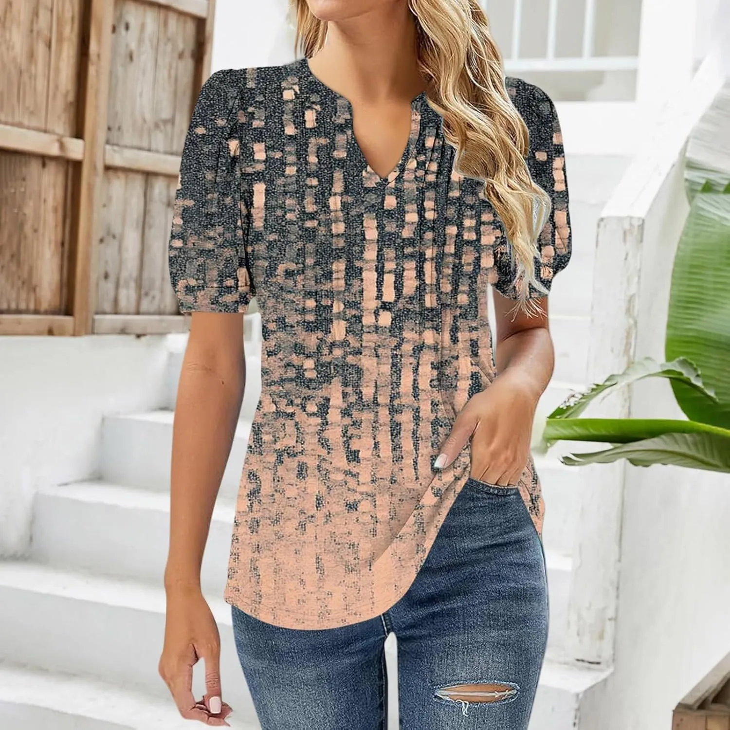 Womens V-Neck Short Sleeve Blouse Lightweight Fabric Slimming Fit Casual Soft Cotton Blend Comfort Stylish Relaxed Top