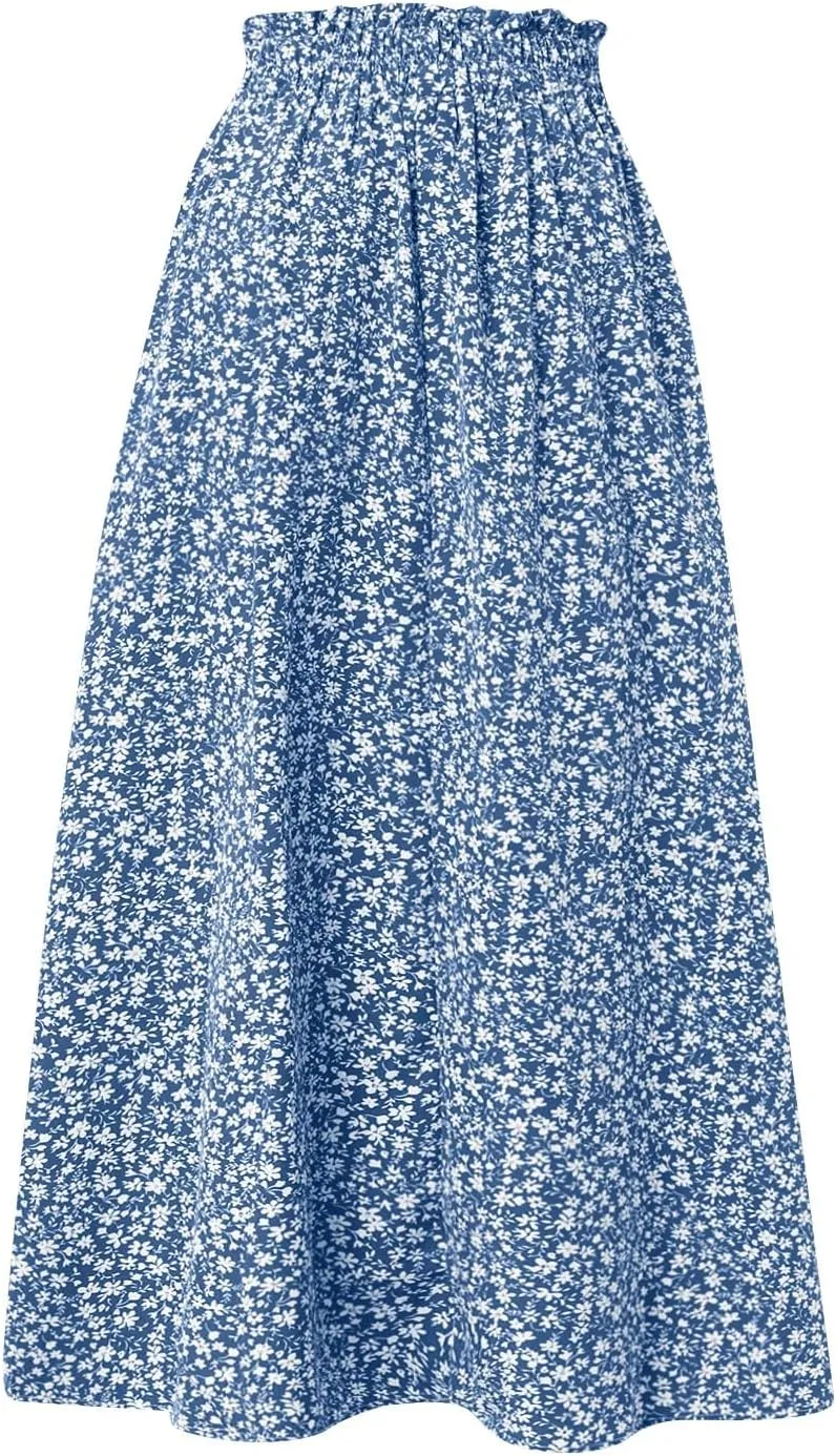 Women's Vintage Elastic Waist A-Line Pleated Loose Long Midi Skirt Solid Color Semi Skirt 2025
