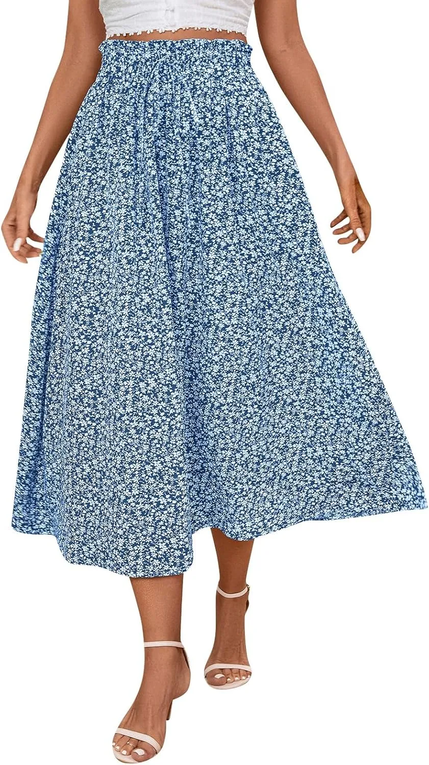 Women's Vintage Elastic Waist A-Line Pleated Loose Long Midi Skirt Solid Color Semi Skirt 2025