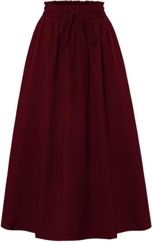 Women's Vintage Elastic Waist A-Line Pleated Loose Long Midi Skirt Solid Color Semi Skirt 2025