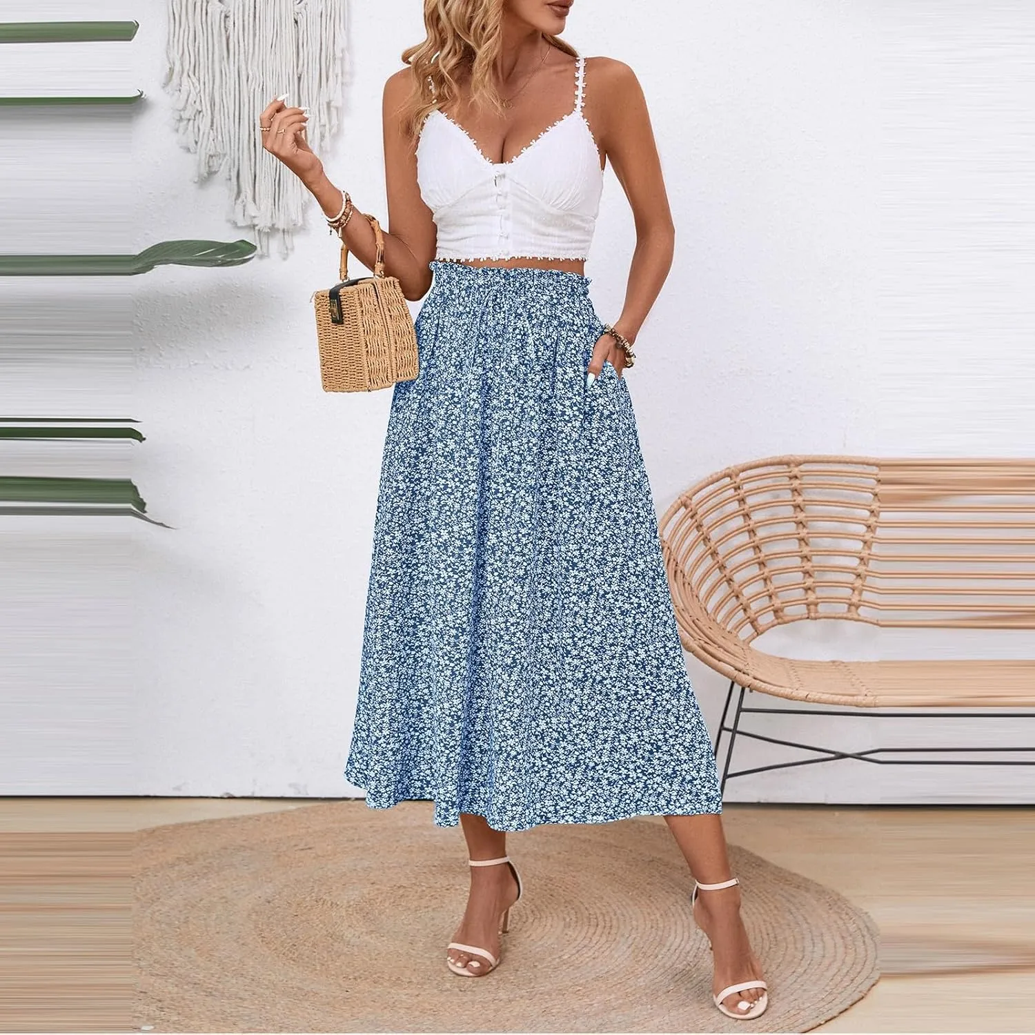 Women's Vintage Elastic Waist A-Line Pleated Loose Long Midi Skirt Solid Color Semi Skirt 2025
