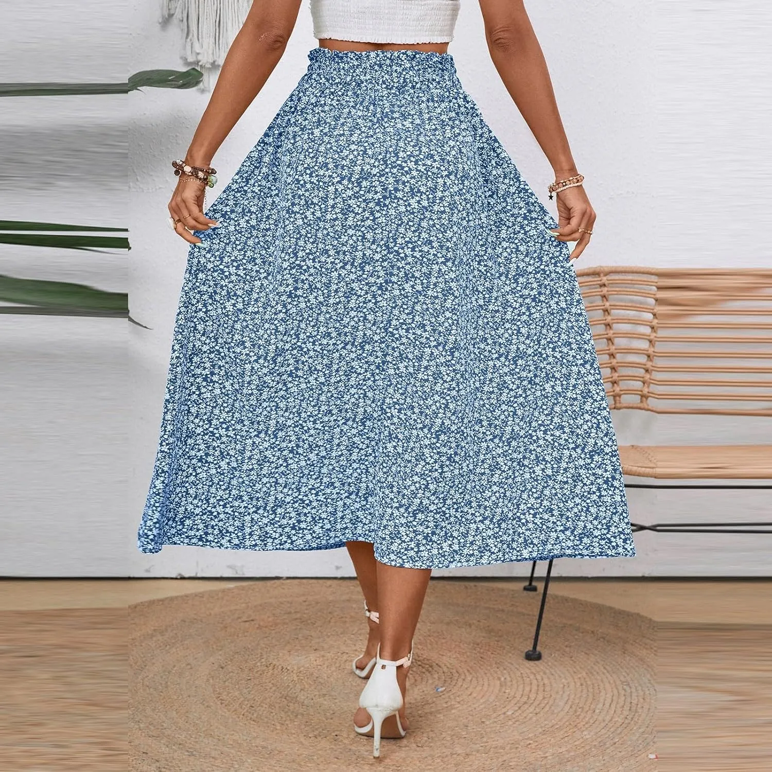 Women's Vintage Elastic Waist A-Line Pleated Loose Long Midi Skirt Solid Color Semi Skirt 2025