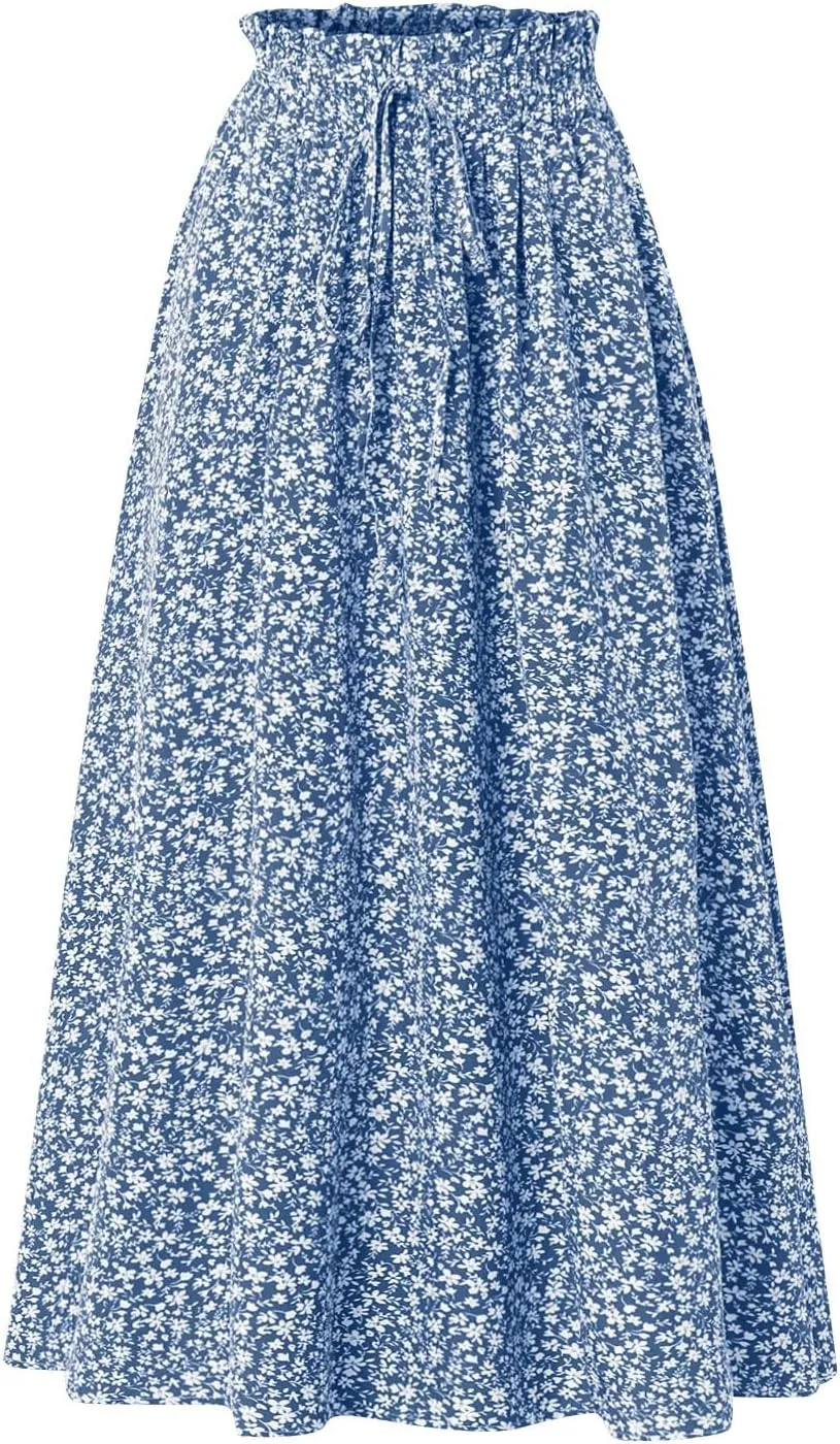 Women's Vintage Elastic Waist A-Line Pleated Loose Long Midi Skirt Solid Color Semi Skirt 2025