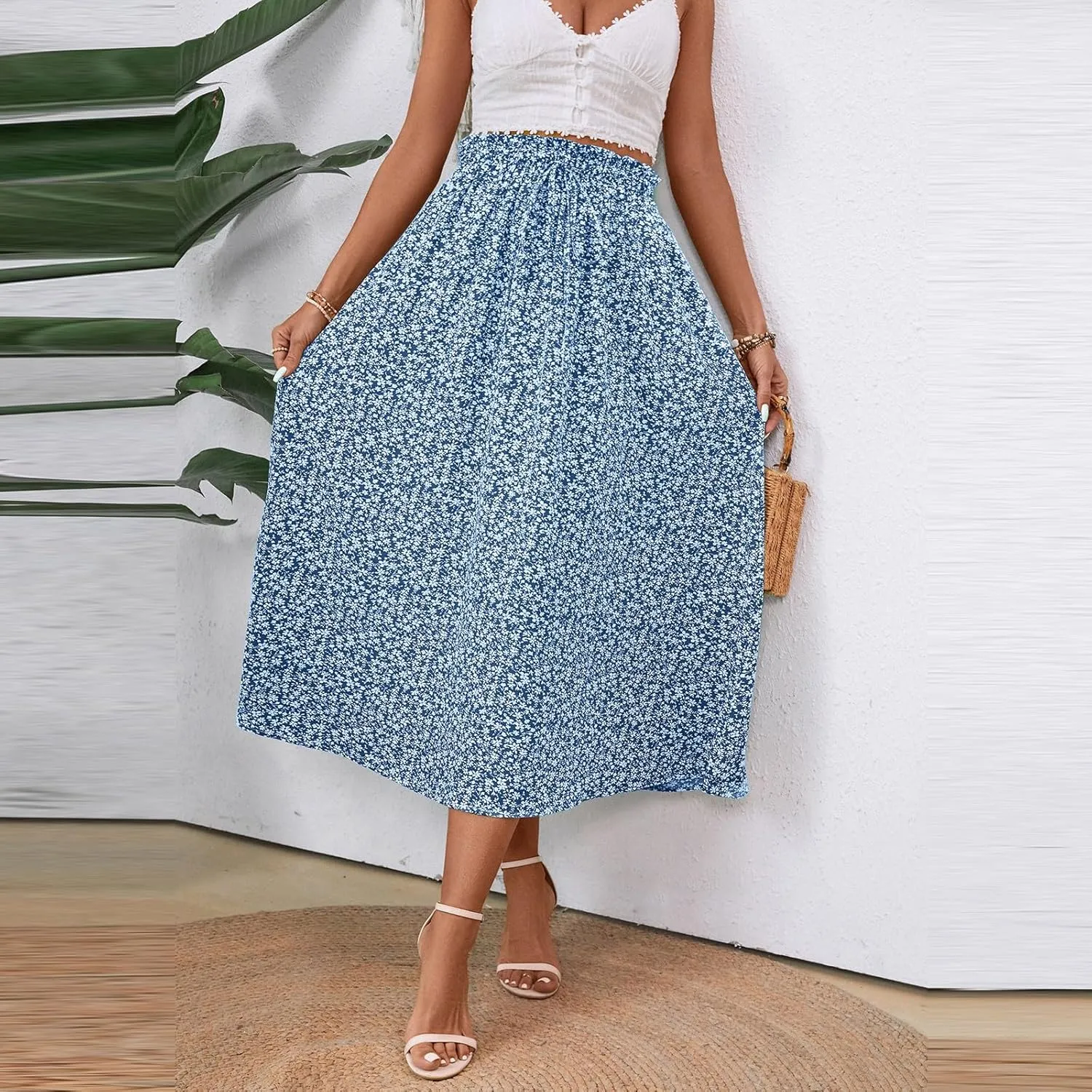 Women's Vintage Elastic Waist A-Line Pleated Loose Long Midi Skirt Solid Color Semi Skirt 2025