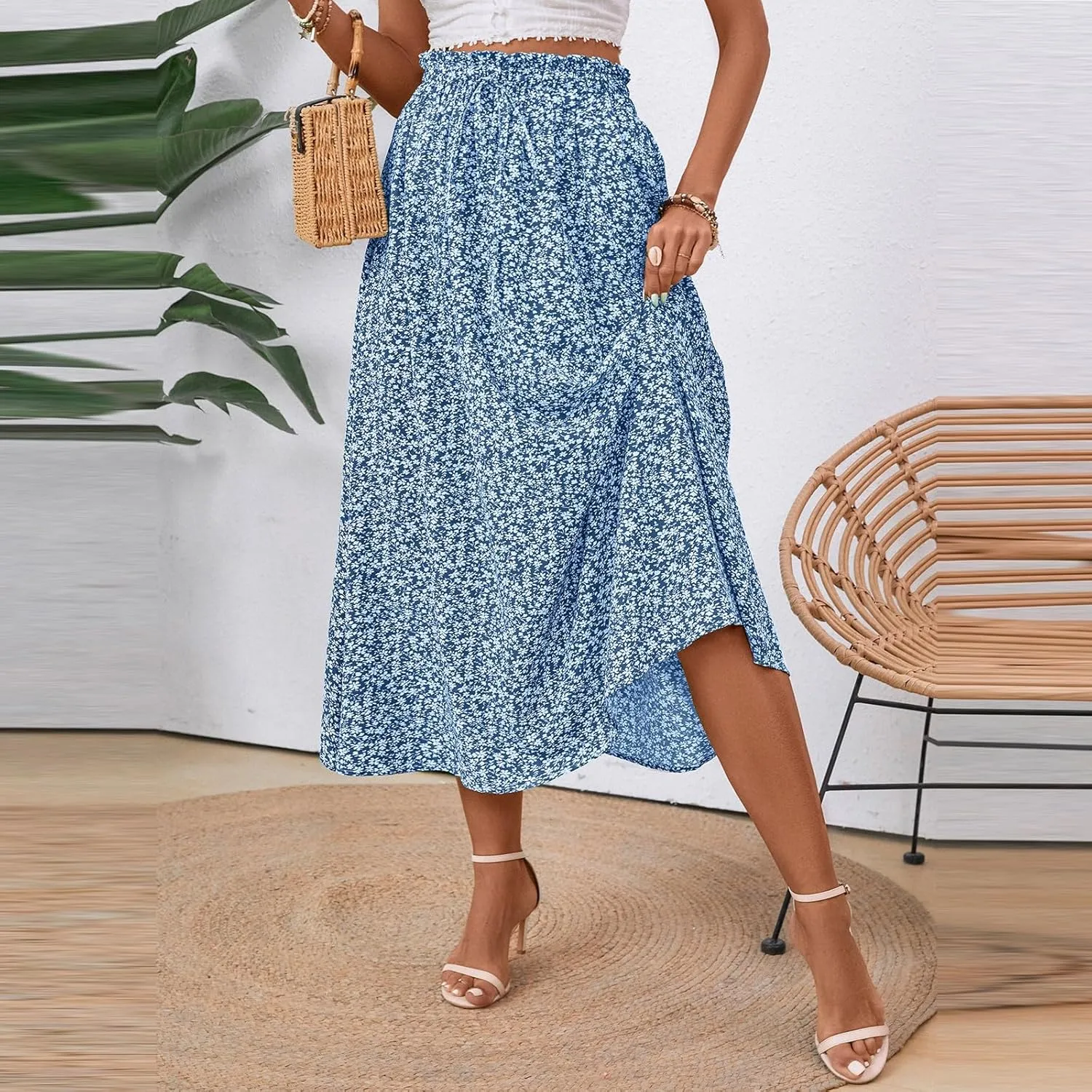 Women's Vintage Elastic Waist A-Line Pleated Loose Long Midi Skirt Solid Color Semi Skirt 2025