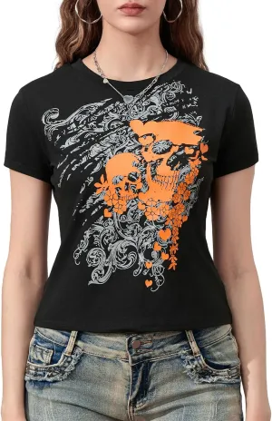 Y2k Grunge Graphic Tees for Women Teen Girls Vintage Goth Aesthetic Baggy Shirts 2000s Emo Tops Summer Clothes
