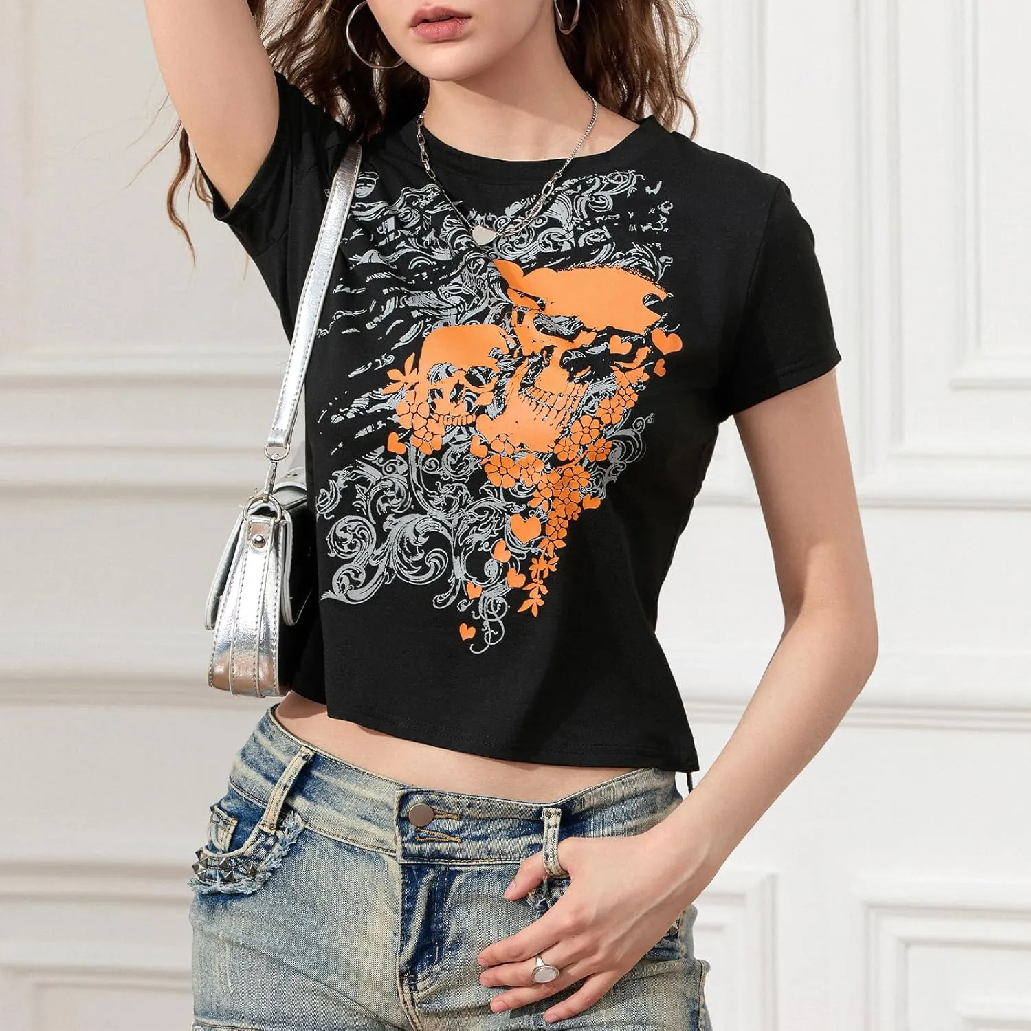 Y2k Grunge Graphic Tees for Women Teen Girls Vintage Goth Aesthetic Baggy Shirts 2000s Emo Tops Summer Clothes