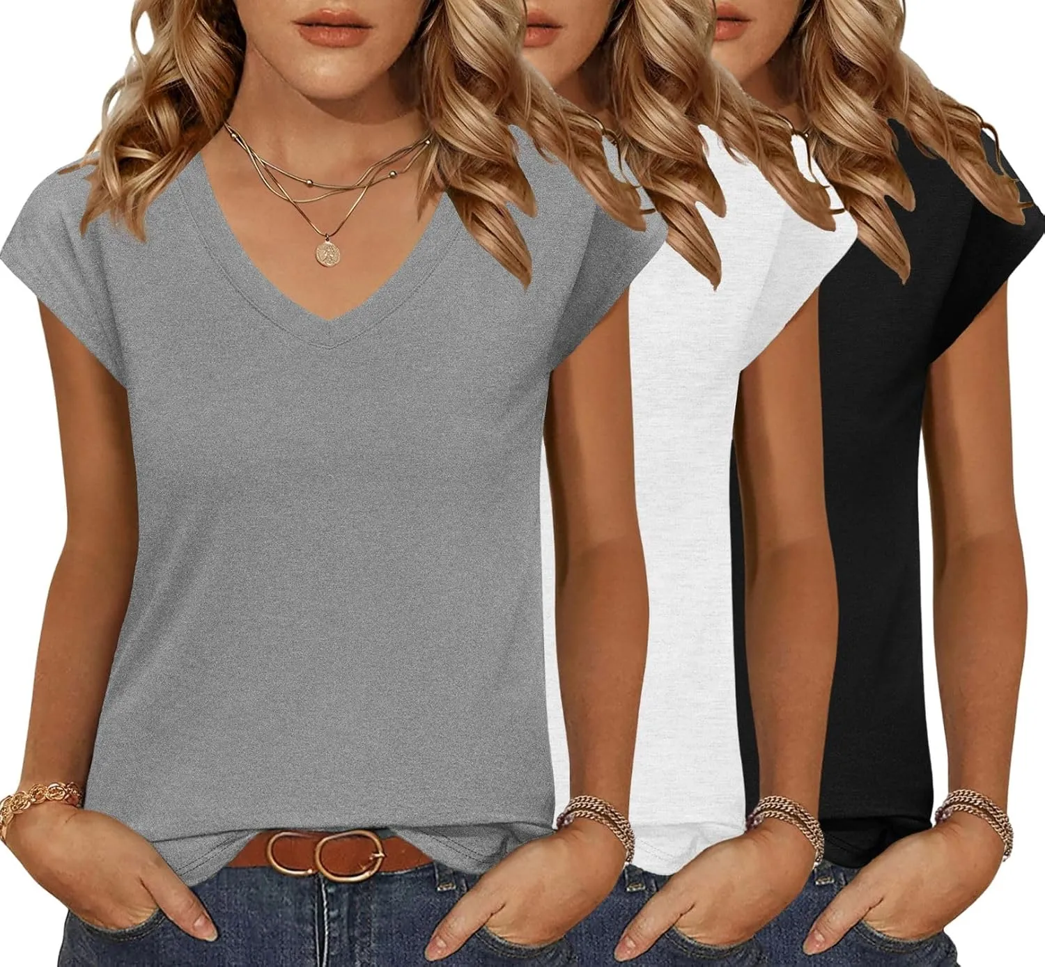Zeagoo Womens Tops Cap Sleeve T Shirts V Neck Basic Tees Tops Lightweight Casual Summer Fashion Trendy Outfits Clothes