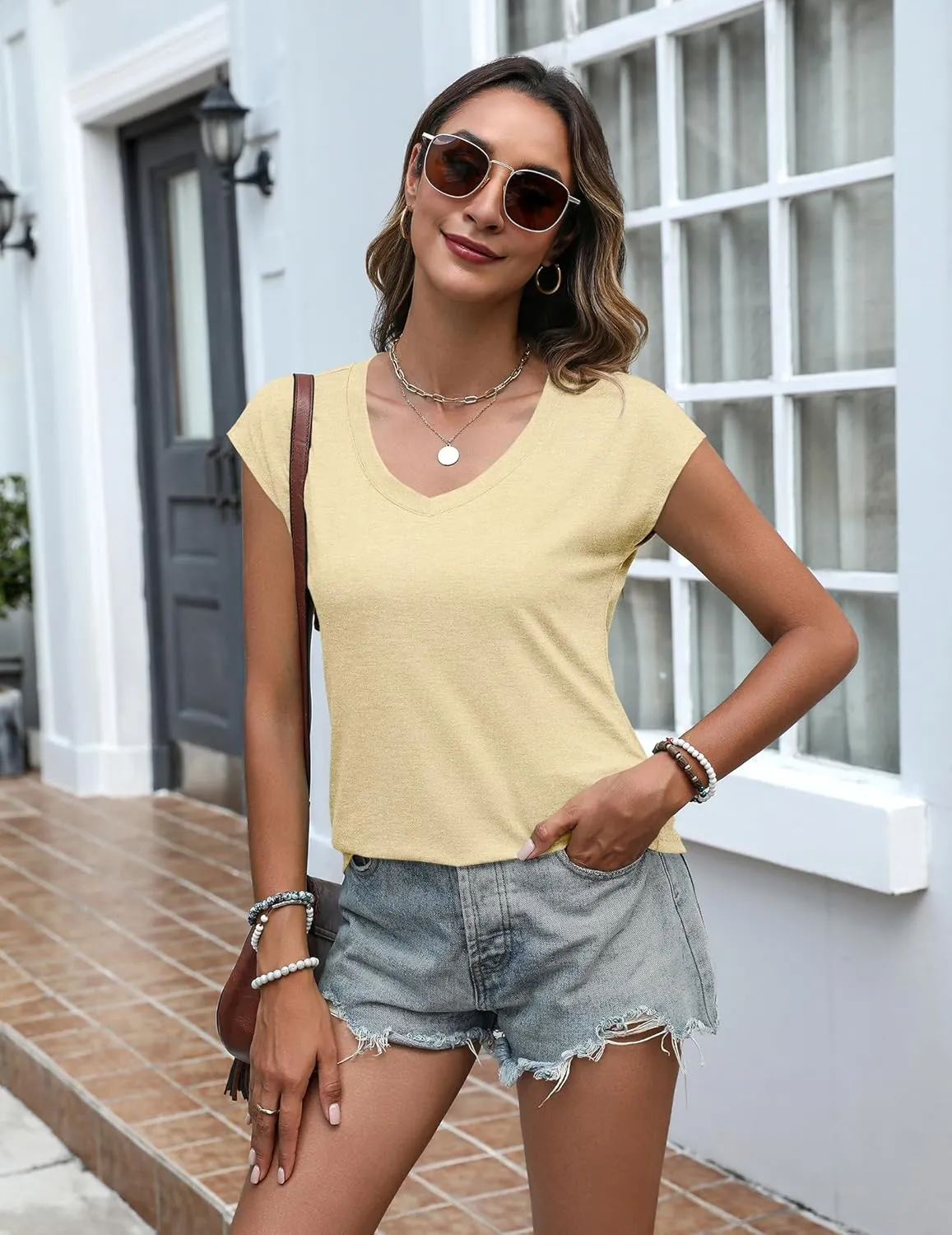 Zeagoo Womens Tops Cap Sleeve T Shirts V Neck Basic Tees Tops Lightweight Casual Summer Fashion Trendy Outfits Clothes